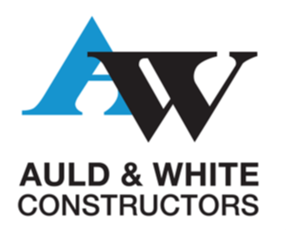 Auld and White logo. A is shaded blue and W is shaded black underneath Auld and White Constructors in black.