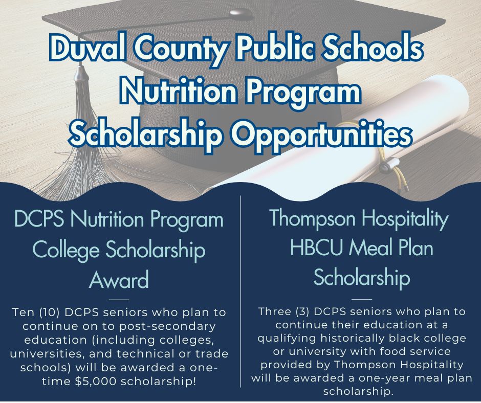 Graphic titled ‘Duval County Public Schools Nutrition Program Scholarship Opportunities’ displayed over an image of a graduation cap and diploma. The left section announces the ‘DCPS Nutrition Program College Scholarship Award,’ stating that ten DCPS seniors planning to continue their education at a college, university, or technical or trade school will receive a one‑time $5,000 scholarship. The right section announces the ‘Thompson Hospitality HBCU Meal Plan Scholarship,’ stating that three DCPS seniors enrolling at a qualifying historically black college or university with food service provided by Thompson Hospitality will receive a one‑year meal plan scholarship