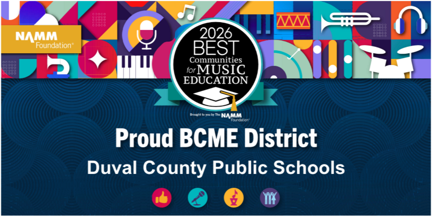 A vibrant graphic featuring musical icons like trumpets and pianos, highlighting Duval County Public Schools as a '2026 Best Communities for Music Education'.
