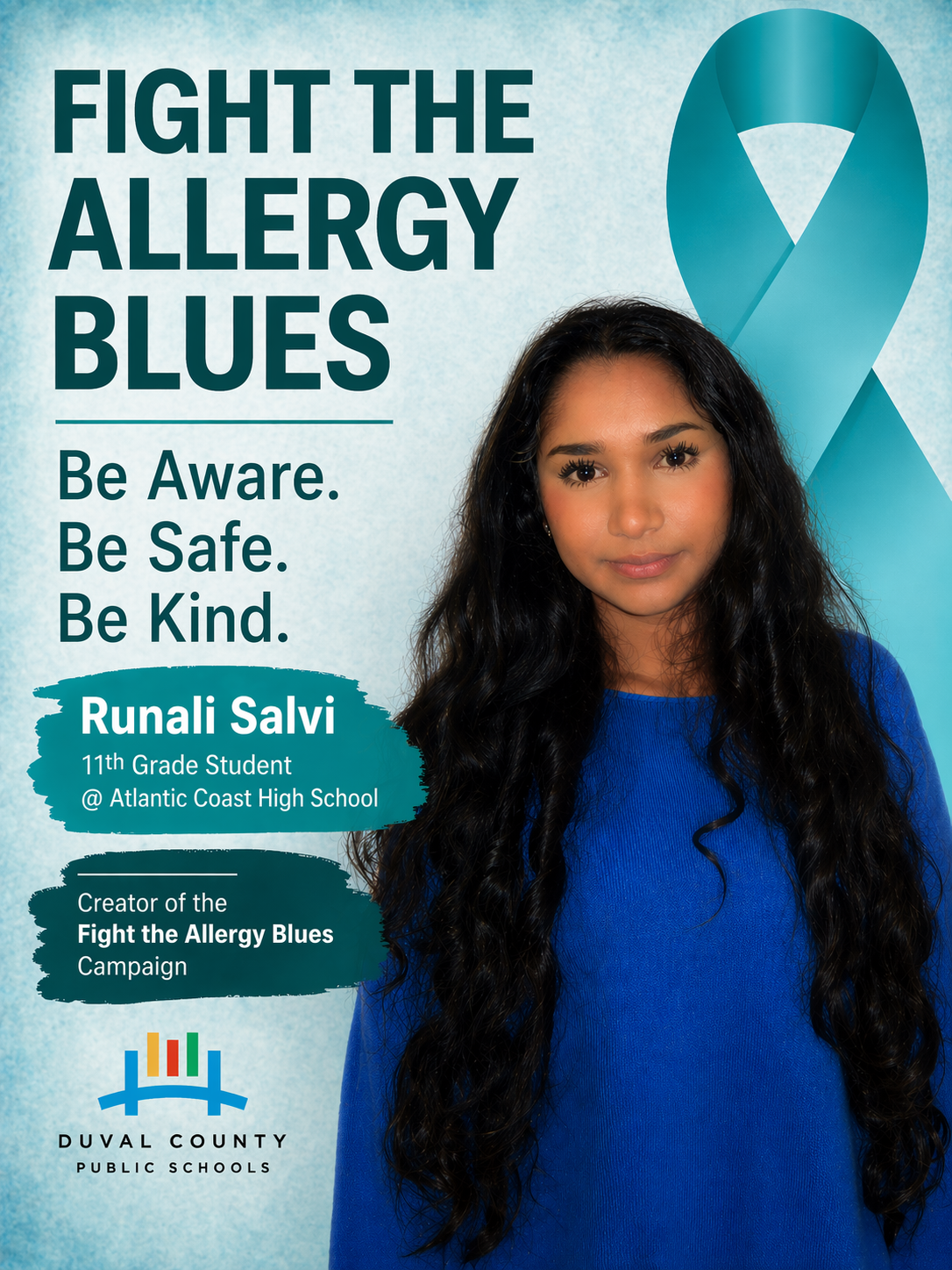 A poster displays a woman with long black hair, promoting "Fight the Allergy Blues" in a blue background.