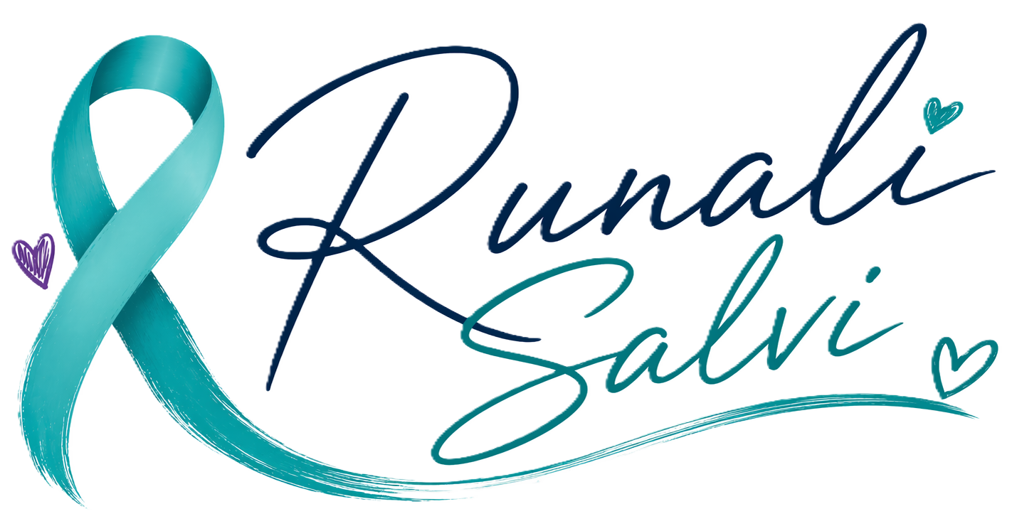 Teal ribbon intertwined with blue text "Runali Salvi" on a black background.