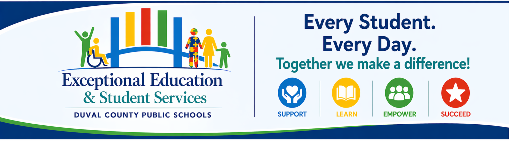 A banner with a logo and text promoting "Exceptional Education & Student Services" with a blue and white background.