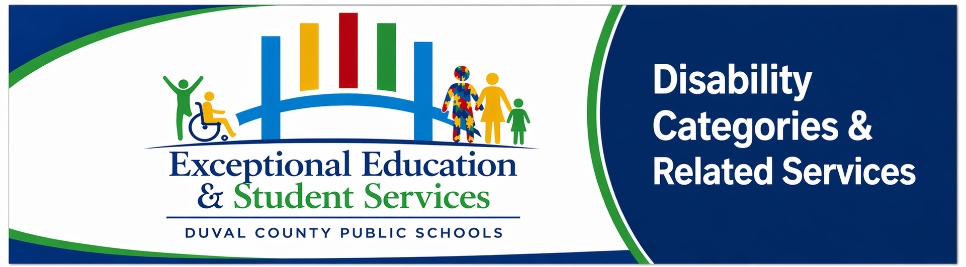 A logo featuring a bridge, people, and a wheelchair, with text "Exceptional Education & Student Services" and "Disability Categories & Related Services".