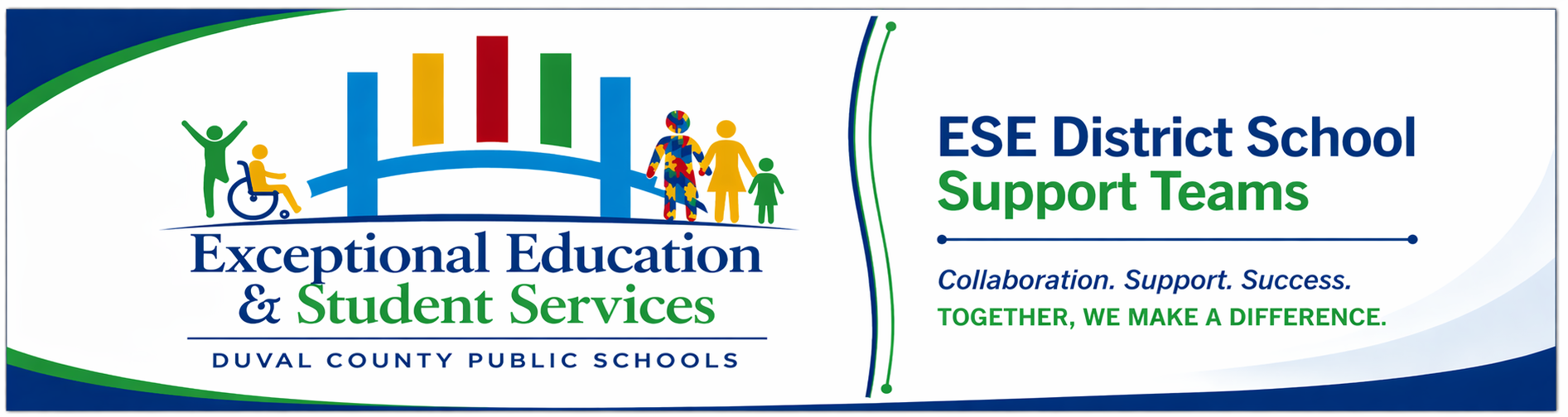 Logo for Exceptional Education & Student Services from Duval County Public Schools, featuring colorful people and a bridge.