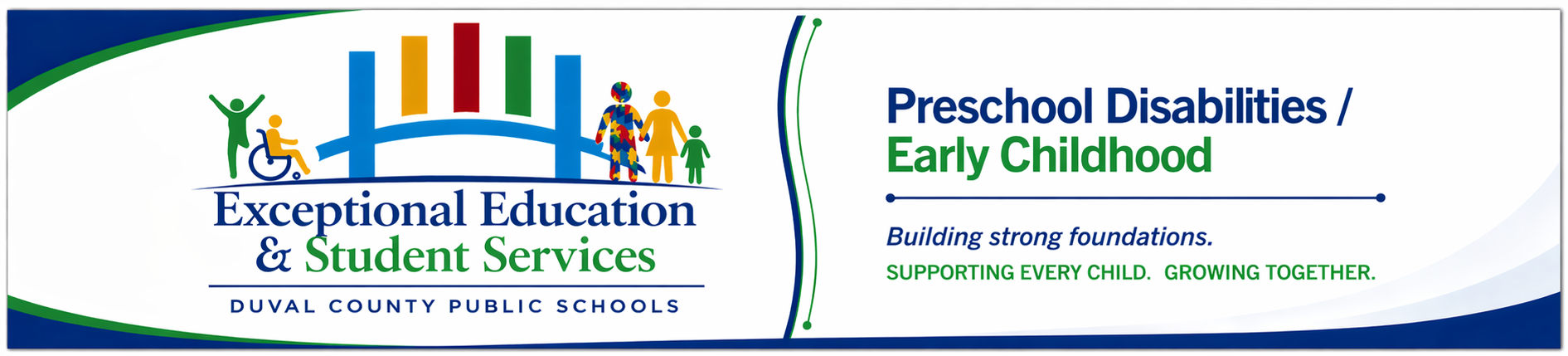 A white background displays logos: one with a colorful bridge and people, labeled "Exceptional Education & Student Services"; the other with "Preschool Disabilities/Early Childhood".