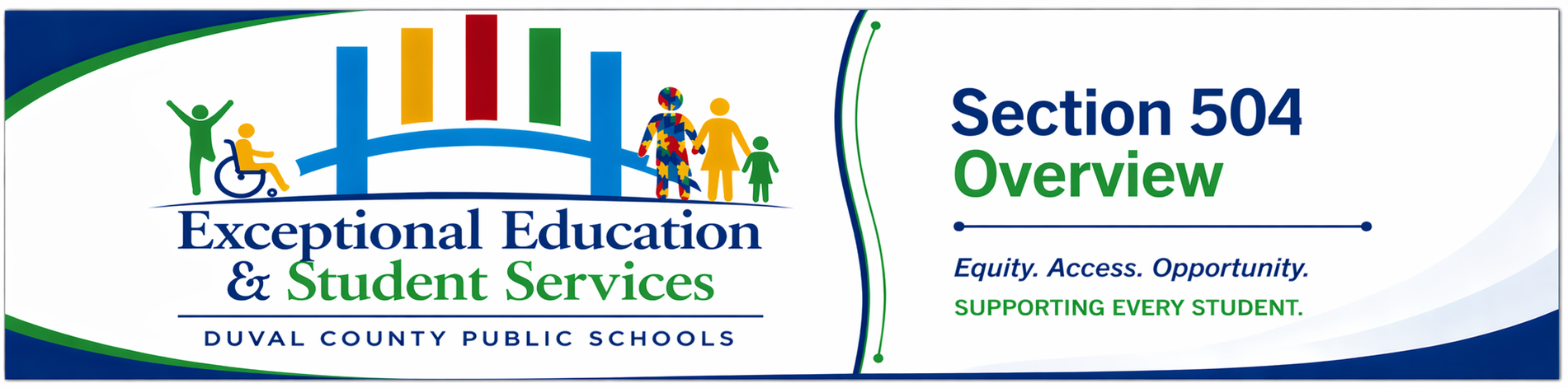 Logo with "Exceptional Education & Student Services" and "Section 504 Overview" on a blue and white background.