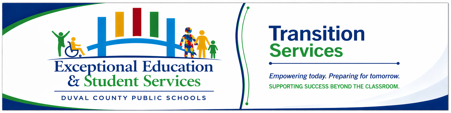 Logo features blue and white background. It displays two parts: "Exceptional Education & Student Services" and "Transition Services".