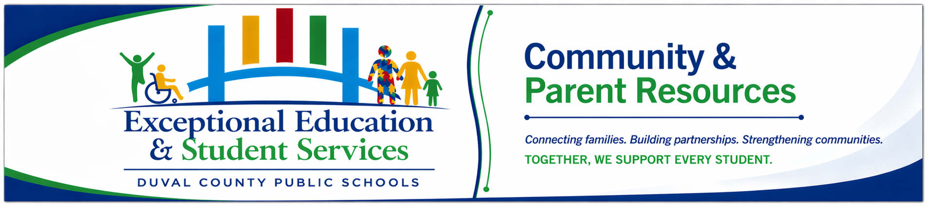 A logo featuring "Exceptional Education & Student Services" with a bridge, people, and a wheelchair. The background is blue and white.