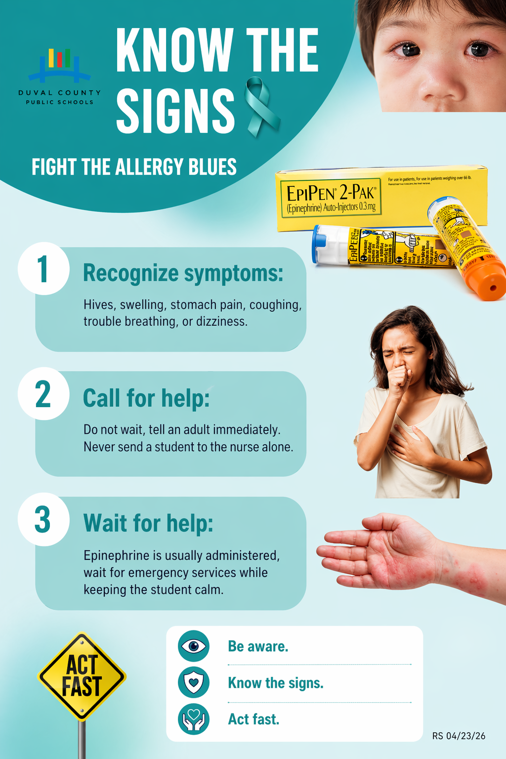 An educational poster shows a child with a blue ribbon, highlighting allergy awareness. Three steps are listed: recognize symptoms, call for help, and wait for help.