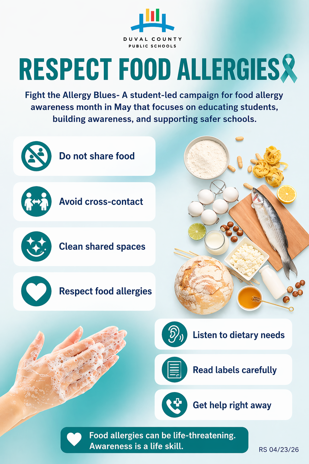 A poster with a hand washing its hands features icons and text about food allergies. Icons include hand washing, cross-contact, shared spaces, and dietary needs.