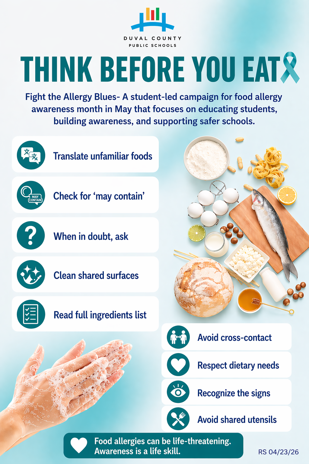 Poster with blue background displaying "Think Before You Eat." Tips include translating unfamiliar foods, checking for allergens, and avoiding shared utensils.