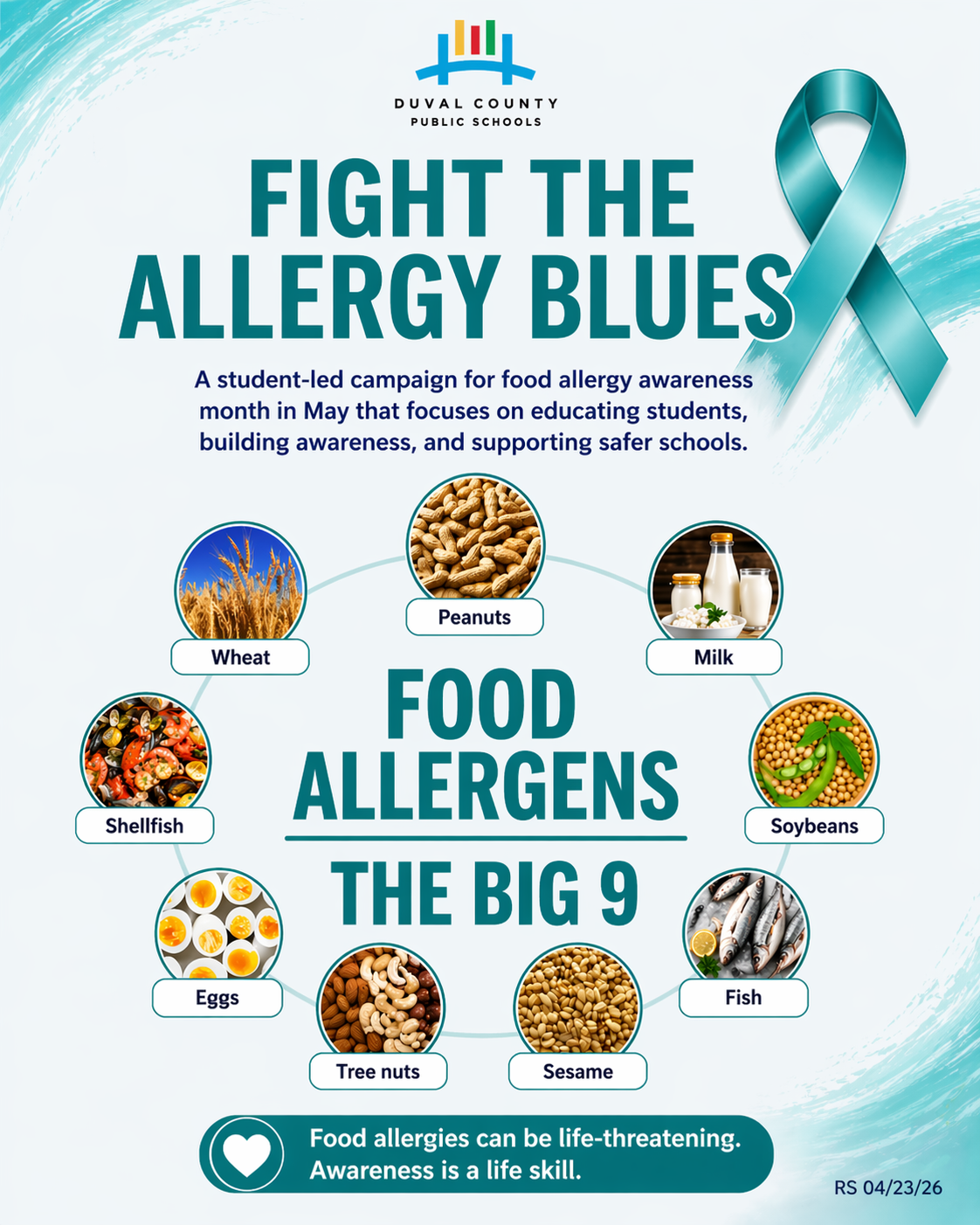 Blue background with a teal ribbon. "Fight the Allergy Blues" is bolded. Nine allergens are listed with images.