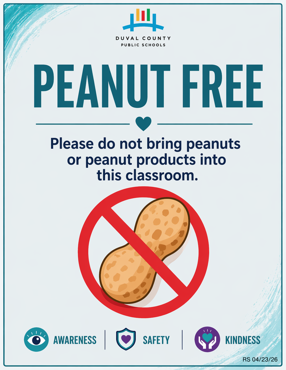 An informative sign displays "PEANUT FREE" at the top with a crossed-out peanut icon, requesting no peanuts or peanut products.
