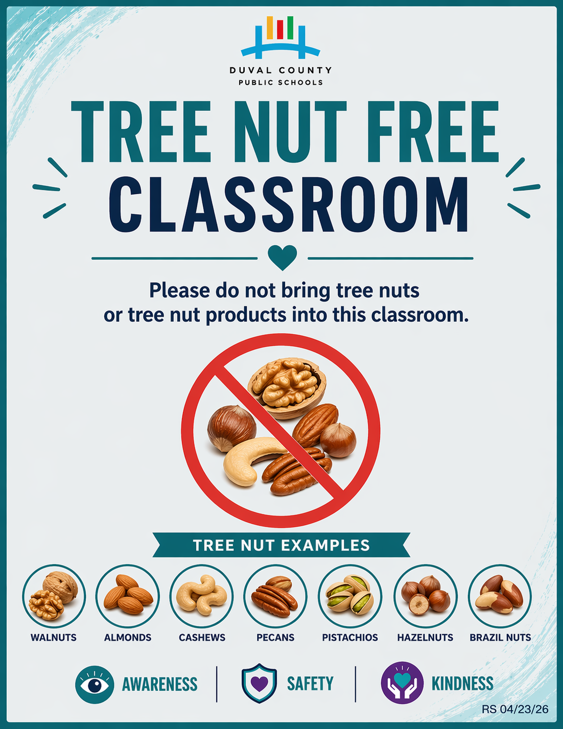 Poster with a blue background states "Tree Nut Free Classroom" and has a no sign with nuts and "Tree Nut Examples" below.