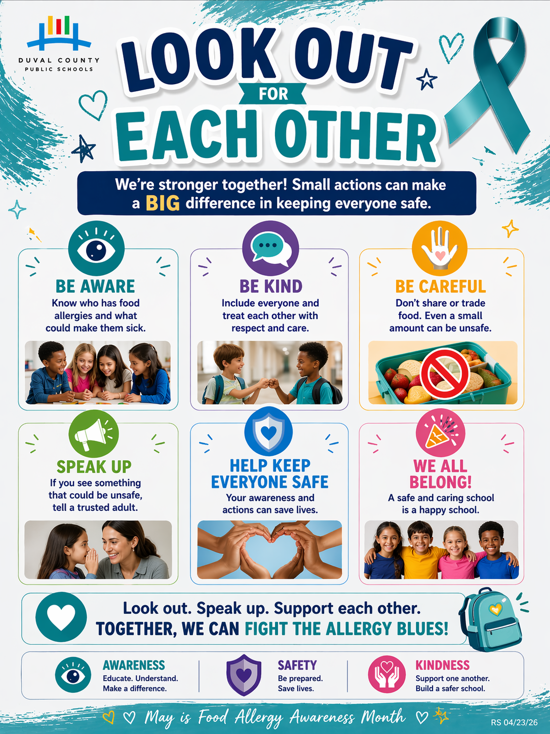 A poster shows several actions to promote safety and kindness, with a blue ribbon and icons. Text reads "Look out for each other."