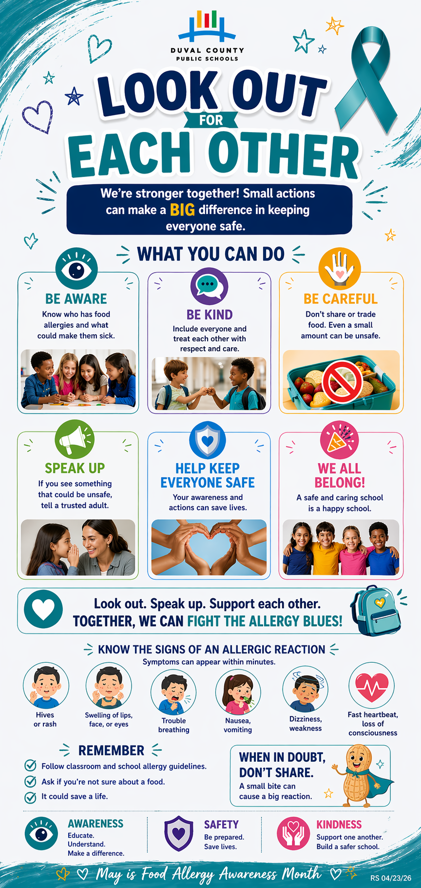 Poster with a blue ribbon and various icons. Text reads "Look Out for Each Other". Six icons with safety tips.