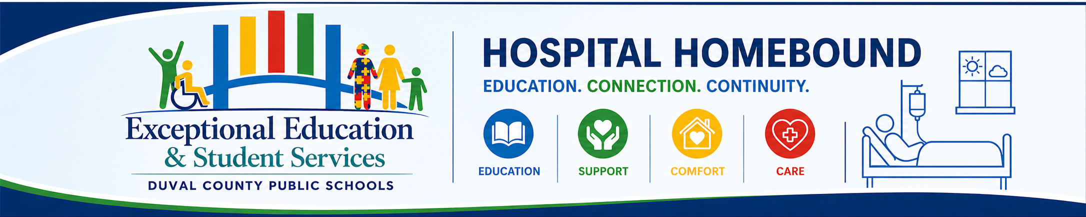 Logo for Hospital Homebound featuring icons, a hospital bed, and text: "Exceptional Education & Student Services".