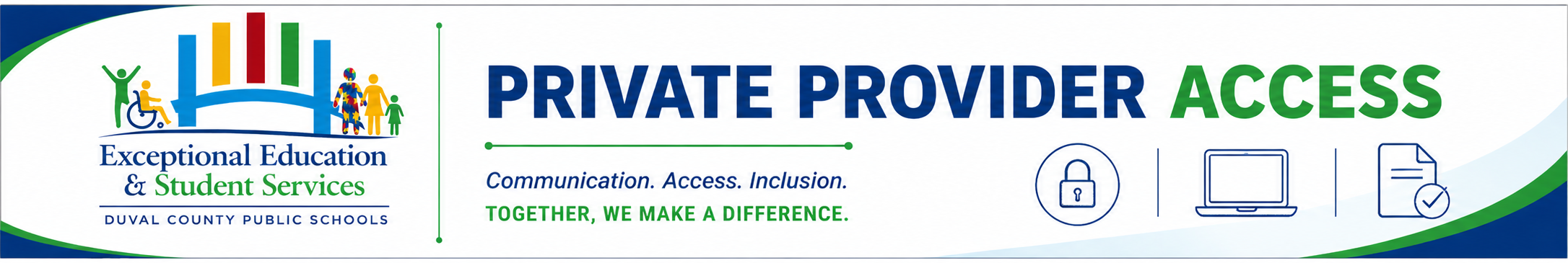 A logo for Private Provider Access. It features a bridge graphic, icons for a phone, computer, and a book.