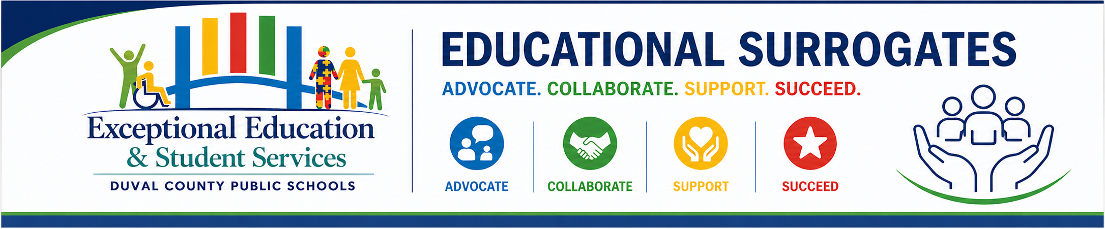 White and blue banner featuring logos for Exceptional Education & Student Services and Educational Surrogates.