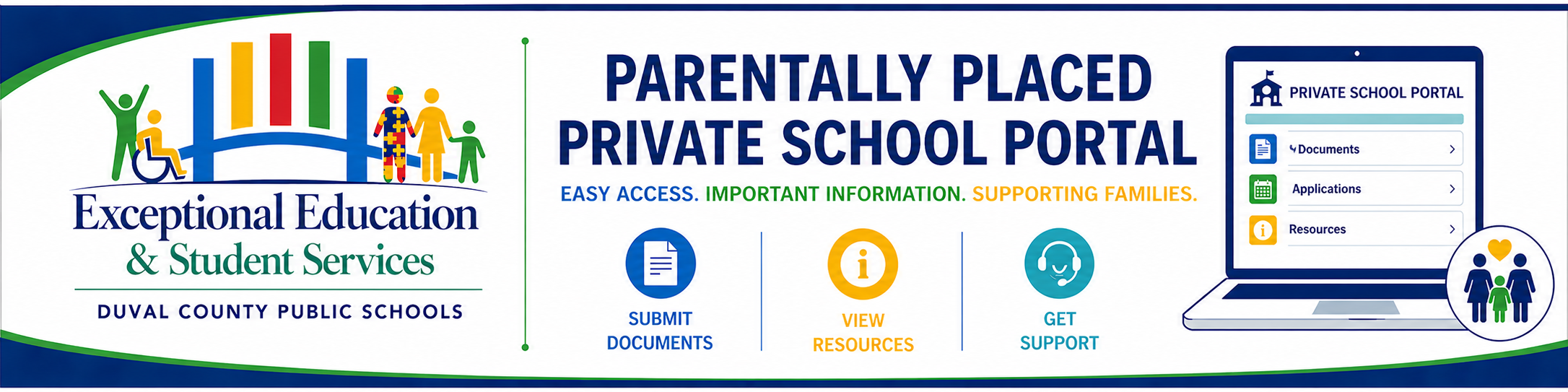 Logo for Parentally Placed Private School Portal. Features icons and a laptop with text. Background is white.