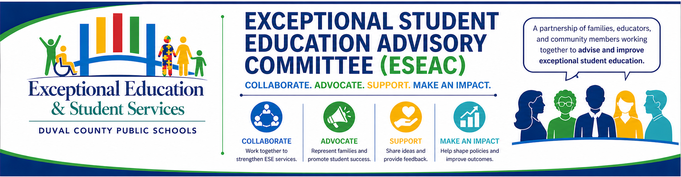 A colorful poster for the Exceptional Student Education Advisory Committee with icons representing collaboration, advocacy, support, and making an impact.