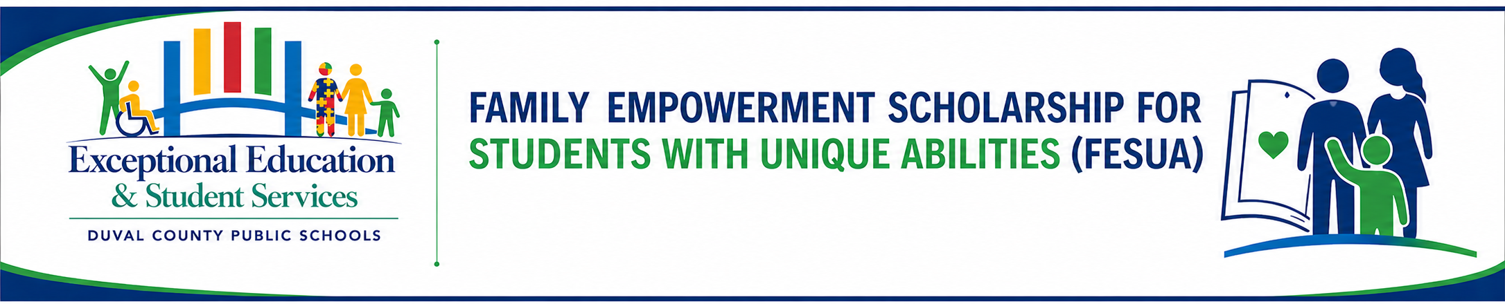 Logo with a colorful bar graph and green tree, text reads "Family Empowerment Scholarship for Students with Unique Abilities (FESUA)"