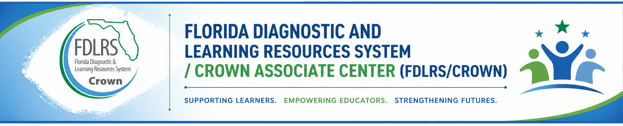 A banner with a logo and text. The logo has a green circle, stars, and people. Text reads: "Florida Diagnostic and Learning Resources System/Crown Associate Center (FDLS/Crown)".