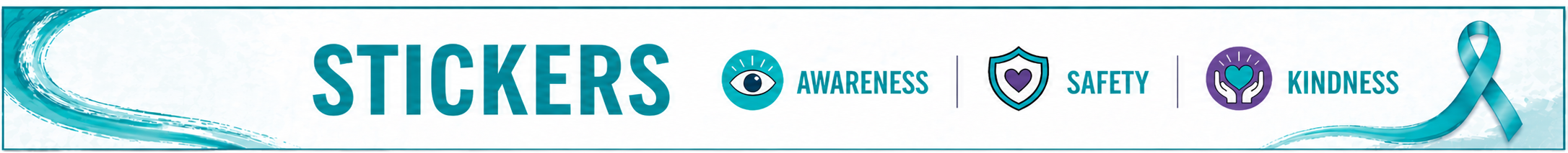 A banner displays "STICKERS" in blue. Logos for Awareness, Safety, and Kindness follow, in blue, purple, and pink.