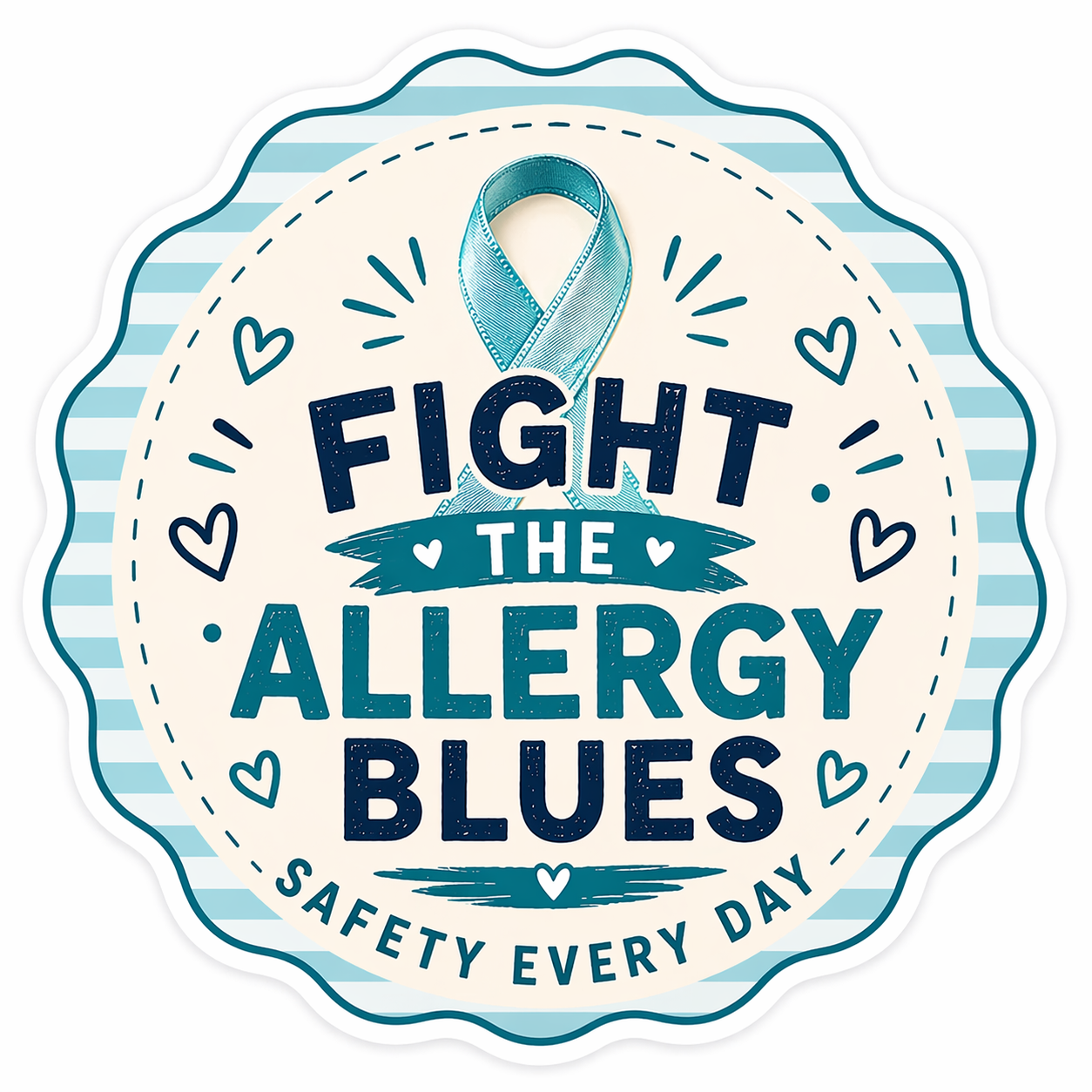 Circular design with blue ribbon and text "FIGHT THE ALLERGY BLUES" in bold letters. White background.