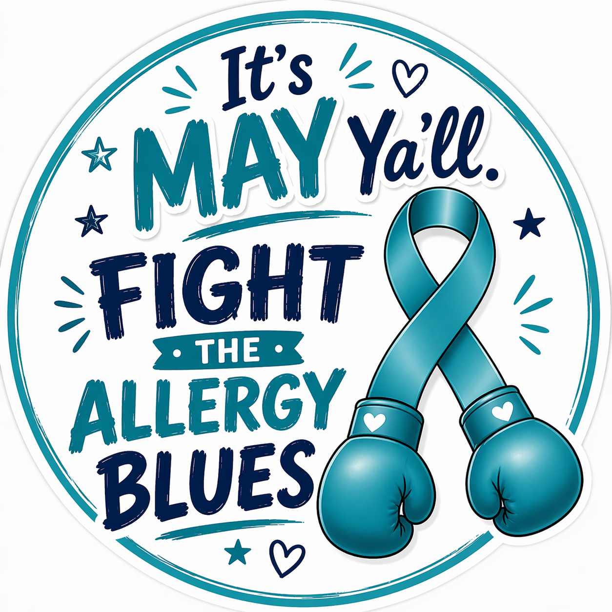 Logo with blue boxing gloves and ribbon for "It's MAY Y'all. Fight the Allergy Blues" on a white background.