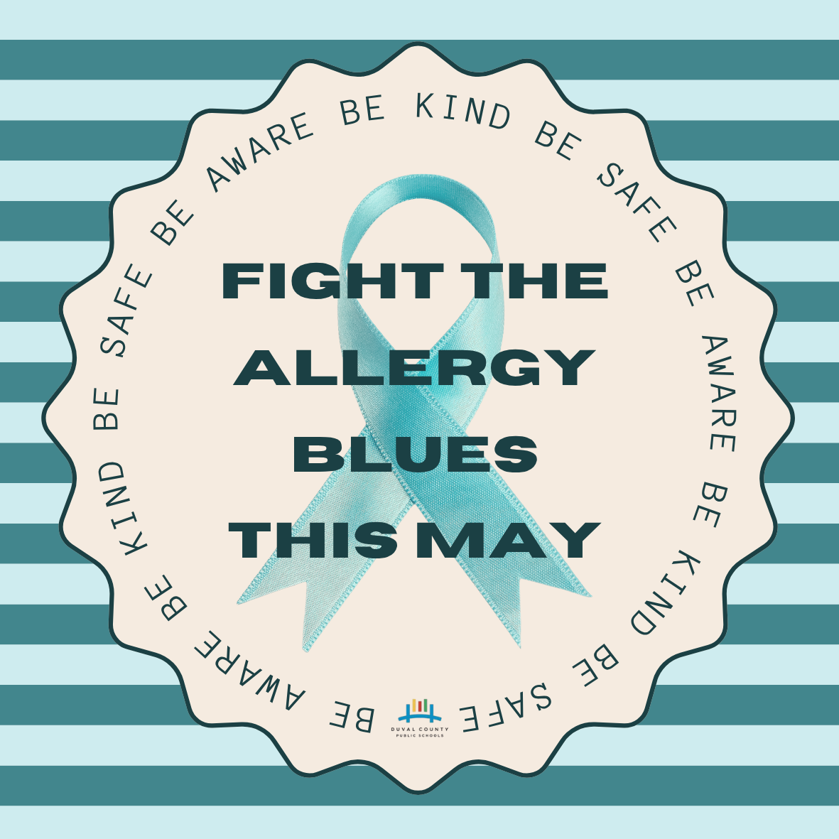 Blue ribbon logo in a circle. "Fight the Allergy Blues This May" in white. Blue and white stripes.