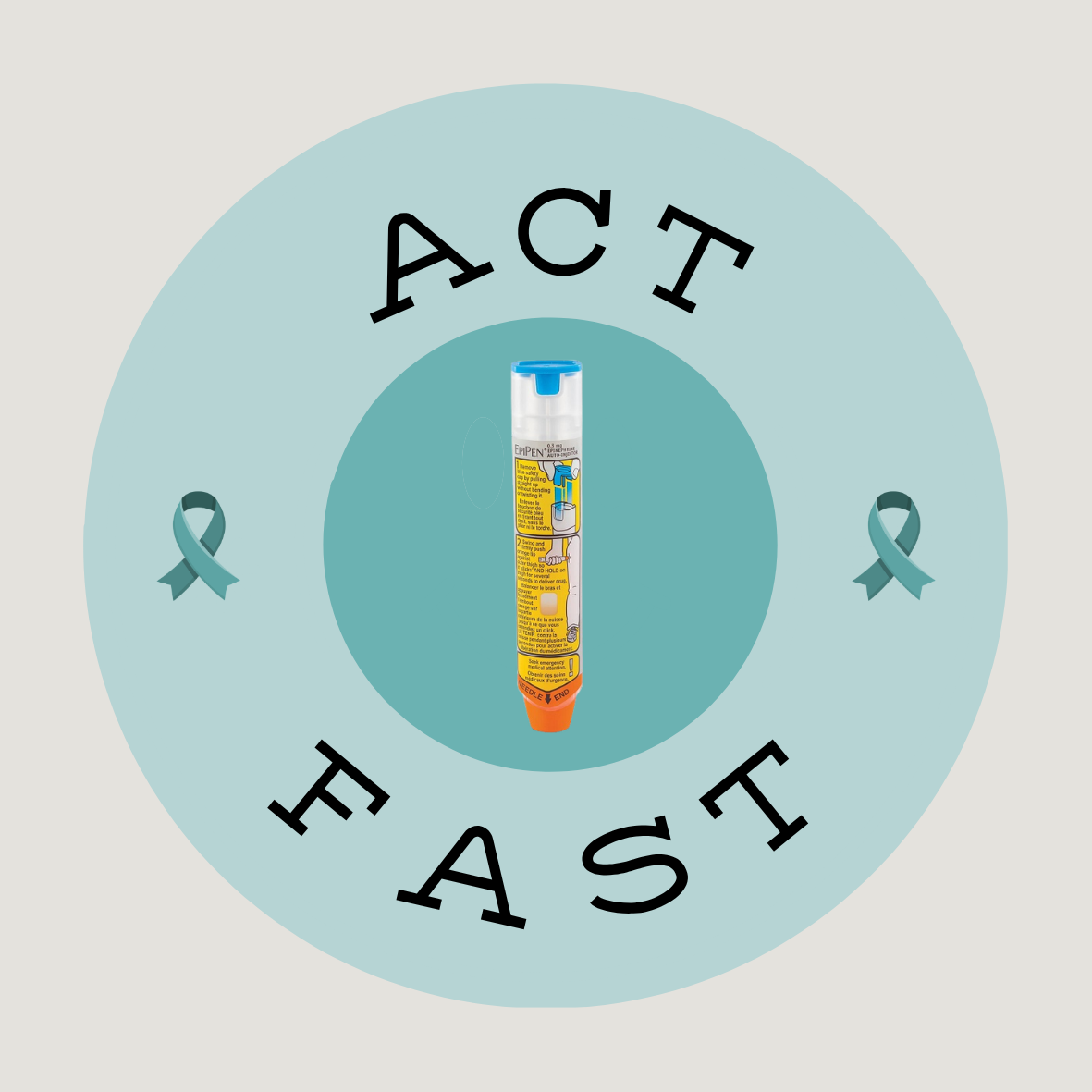 Circular emblem with 'ACT FAST' in black text, featuring an EpiPen-like object in yellow and blue. Green ribbons on either side.