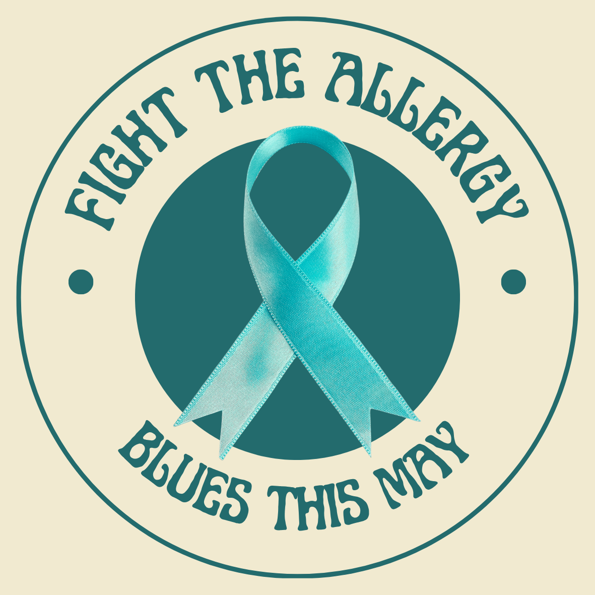 A teal ribbon sits on a white background with green text reading "Fight the Allergy Blues This May".