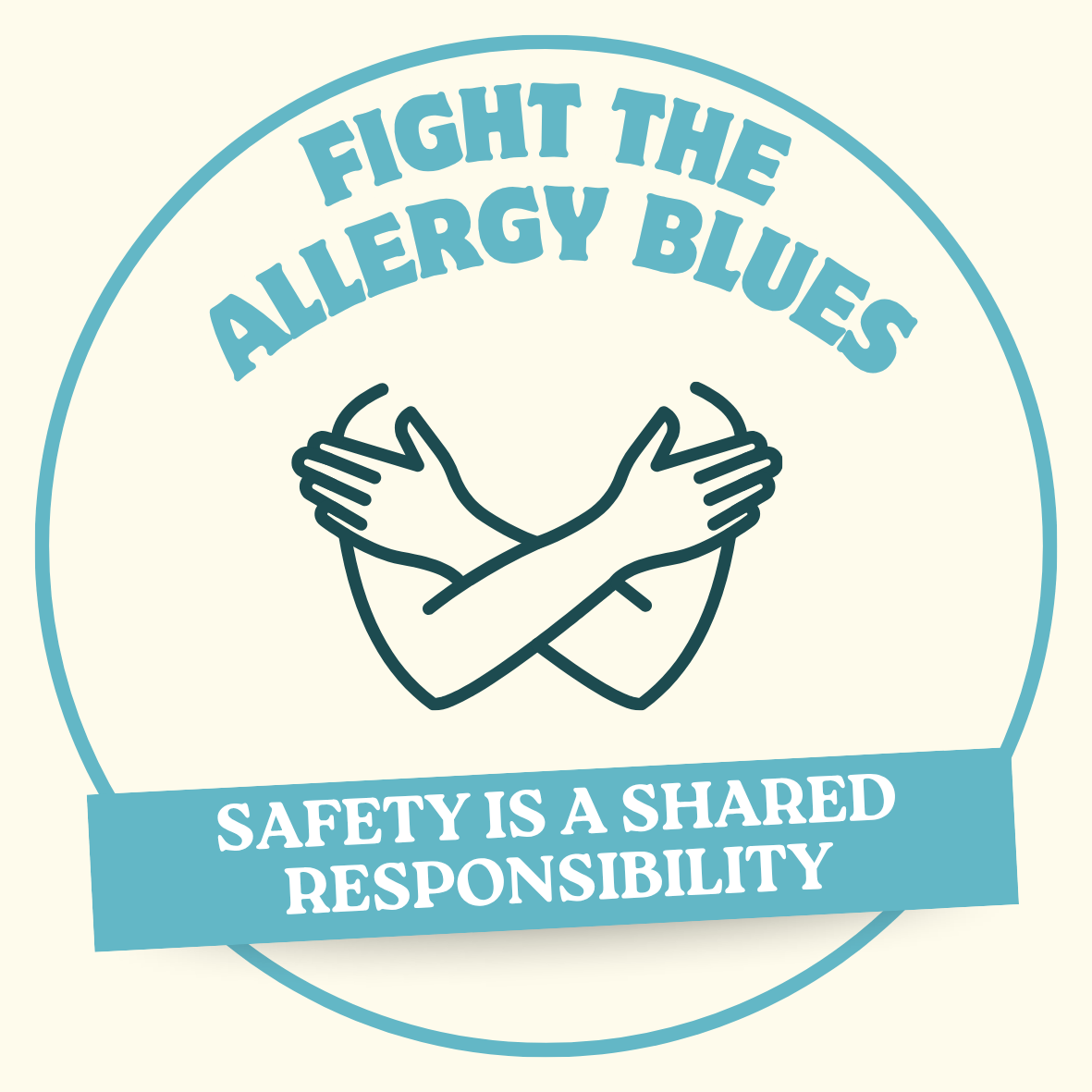 A circular logo with a teal background and white text. It features arms crossed and the text "Fight the Allergy Blues."