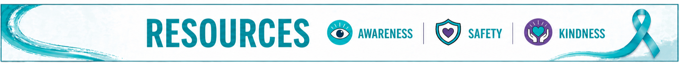 Horizontal banner with white background. Text reads "Resources". Logos for Awareness, Safety, and Kindness.