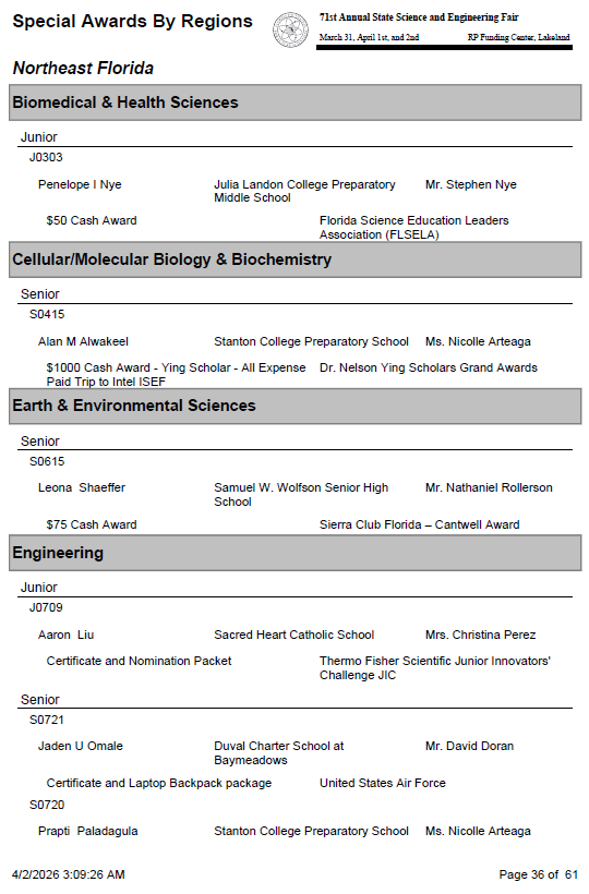A document displays an awards list titled "Special Awards By Regions." Categories include Northeast Florida Biomedical and Health Sciences, Cellular/Molecular Biology, Earth and Environmental Sciences, and Engineering. Each category lists winners with names, schools, and awards.