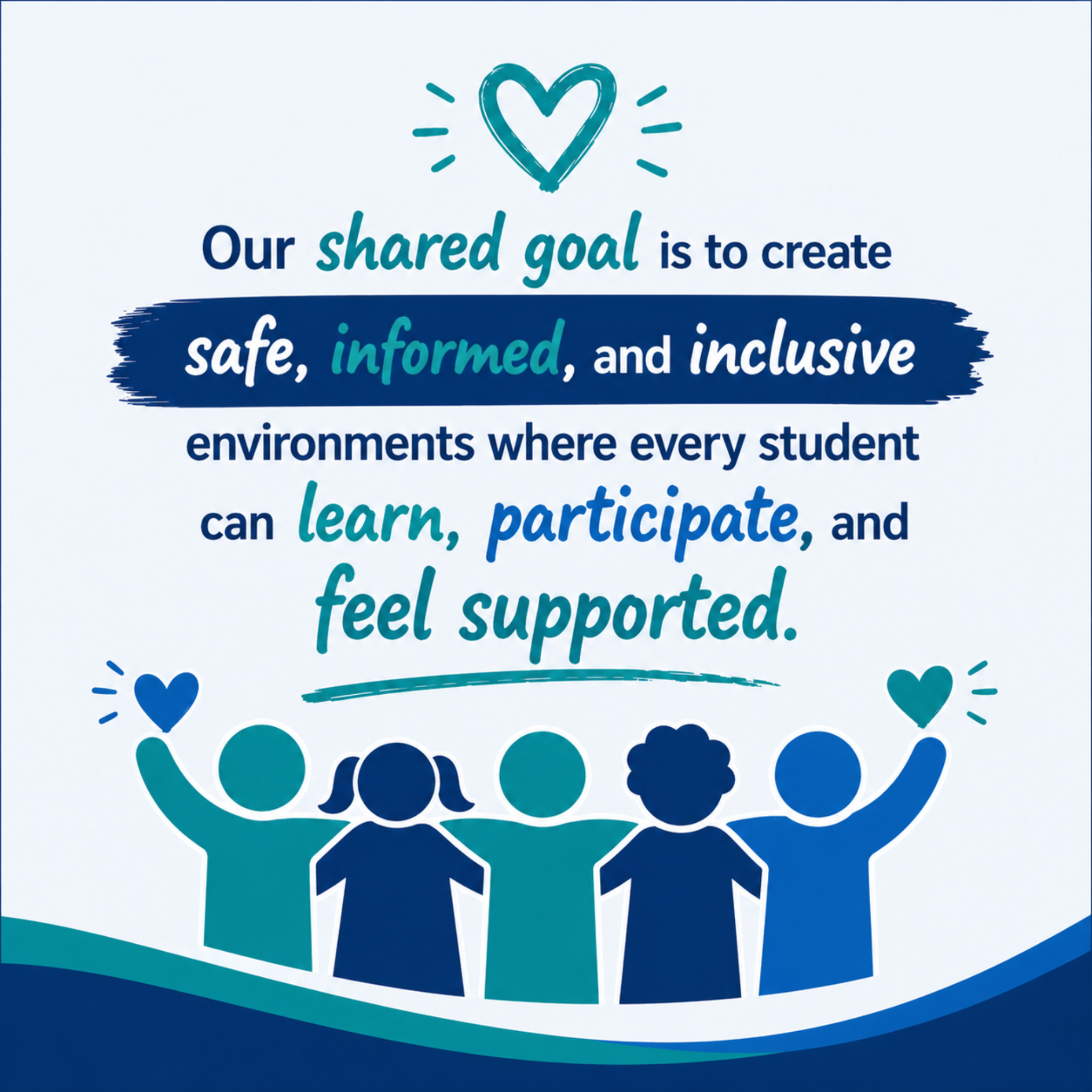 A poster displays a quote about creating safe, informed, and inclusive environments for students, with a blue heart and four child figures raising their hands.