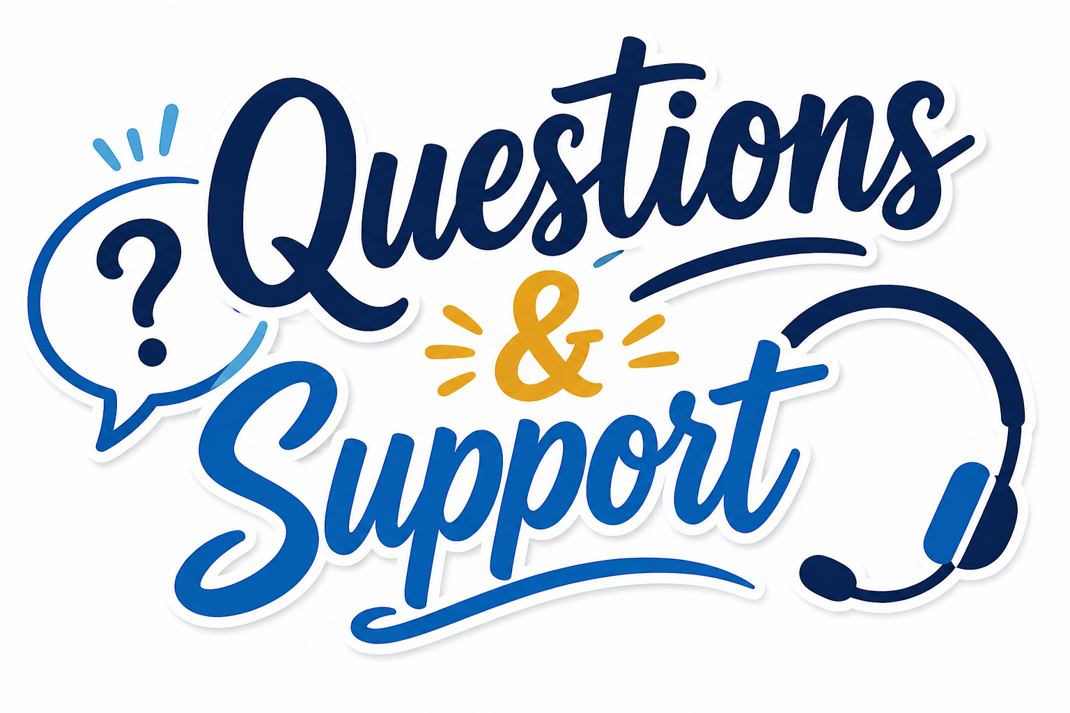 Logo featuring text "Questions & Support" with a question mark, headset, and sunburst. Background is white.