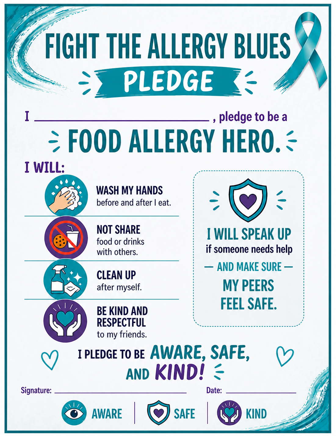 Poster with blue ribbon and "Fight the Allergy Blues Pledge" title. Pledge to be a food allergy hero.