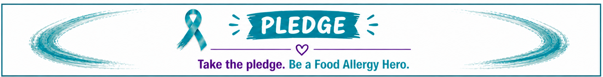 A logo featuring a blue ribbon, a purple heart, and the word "PLEDGE". The text reads "Take the pledge. Be a food allergy hero."