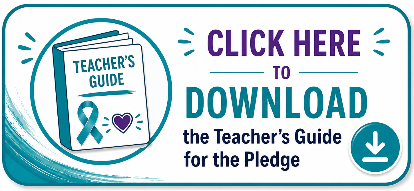 A blue banner with white text. It reads, "CLICK HERE TO DOWNLOAD the Teacher's Guide for the Pledge." A book icon with a ribbon and heart.