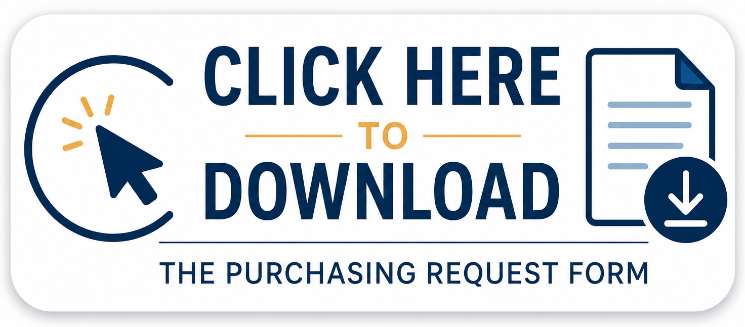 Blue and white logo with a mouse, arrow, and document. Text reads "Click Here to Download the Purchasing Request Form."