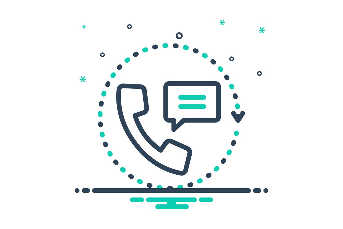 Icon showing a telephone handset with speech bubbles and a heart in a dotted circle.