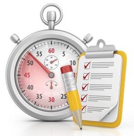 A digital stopwatch shows 1 minute and 25 seconds elapsed. A pencil is next to a checklist.
