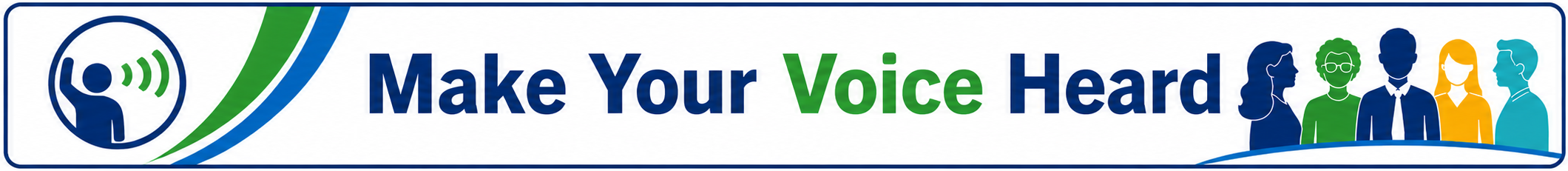 Logo featuring a white background with blue, green, orange, and yellow figures, and the slogan "Make Your Voice Heard".