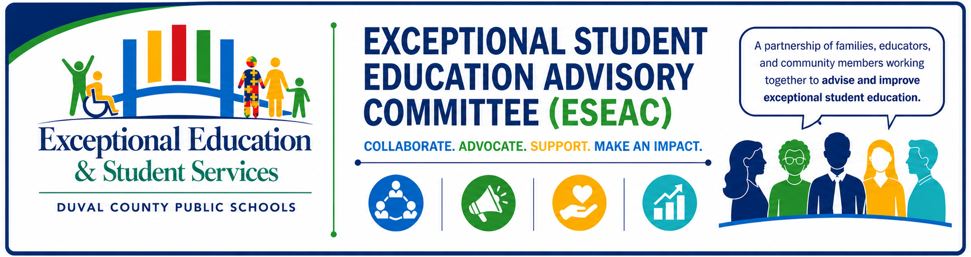 A graphic for Exceptional Student Education Advisory Committee displays logos, icons, and text. Icons include a bar graph, recycling, and a bar chart.