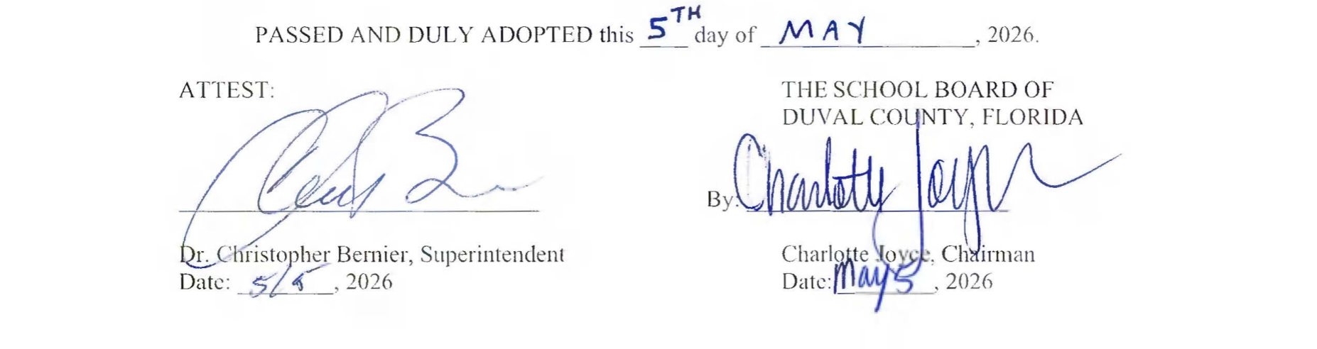A document shows two signatures, one from a supervisor Christopher Bernier and another from a board member Charlotte Joyce, both dated May 5, 2020.