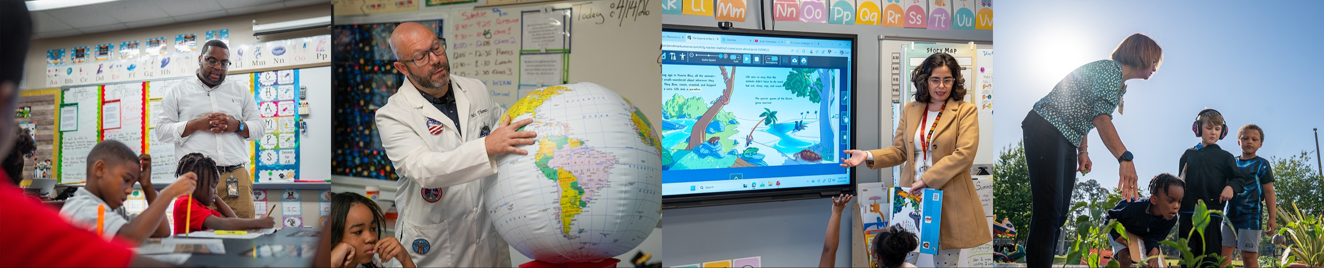 A collage of images shows a teacher, students, and educational activities in a classroom setting.