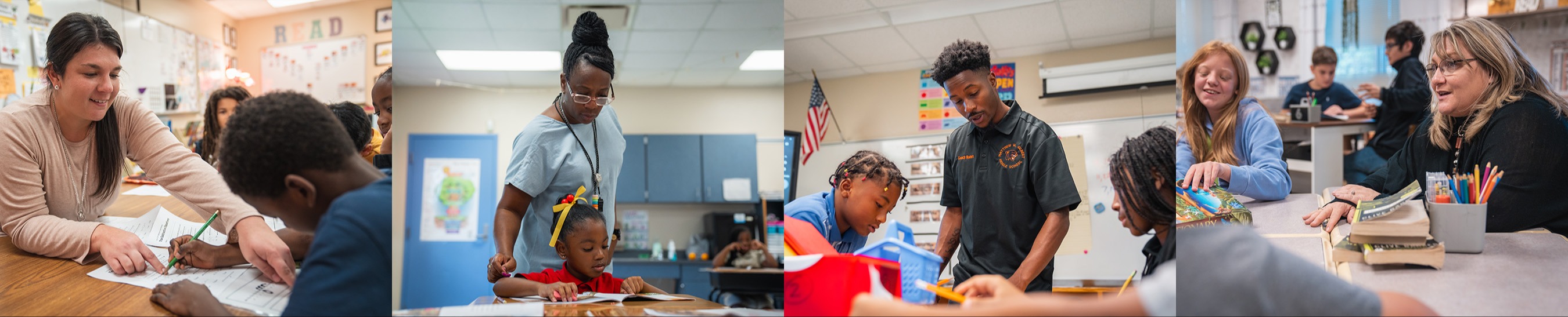 Three panels of students and teachers in a classroom setting. One panel shows a teacher assisting a student.