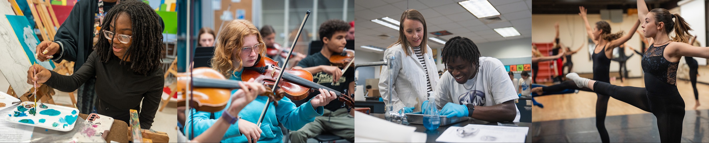 Four scenes of students playing violin, working on science experiments, and practicing ballet.